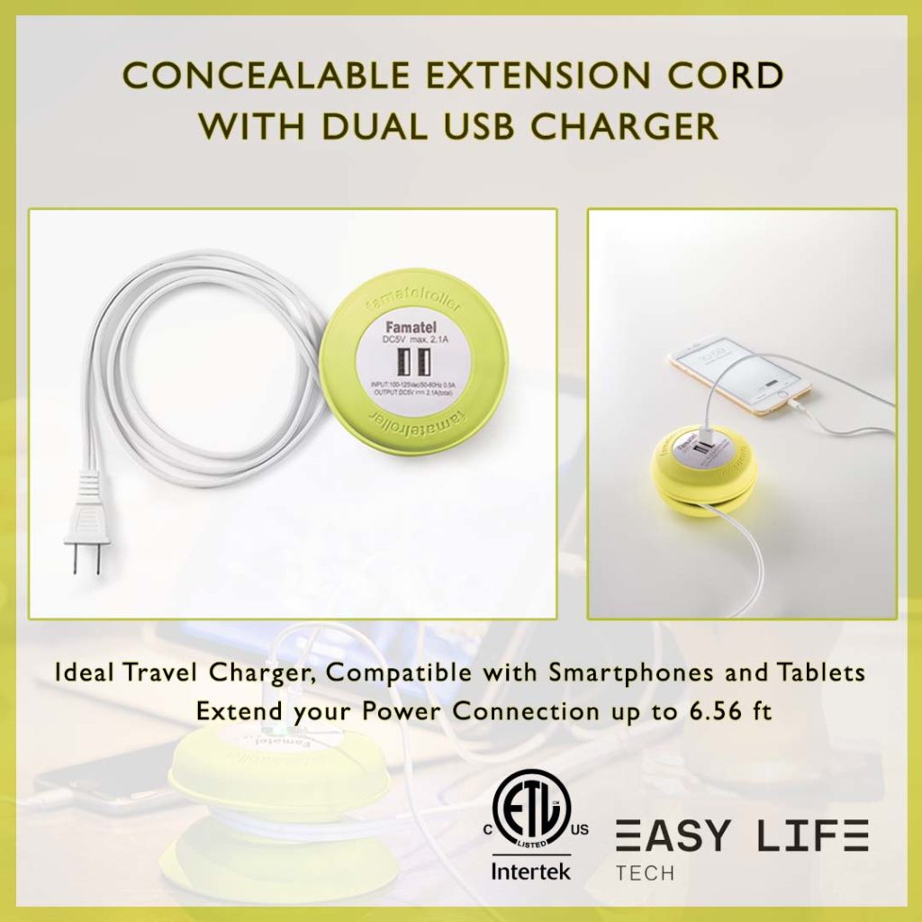 Concealable Extension Cord with Dual USB Charger