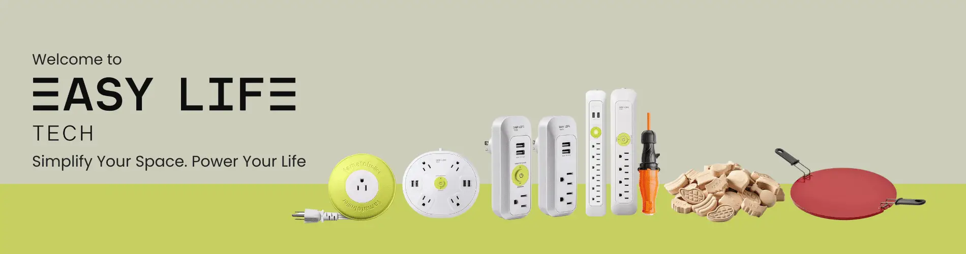Easylife Tech full product line banner – power strips, grill accessories, cable management, travel extension cords, plug and power essentials for home and outdoors