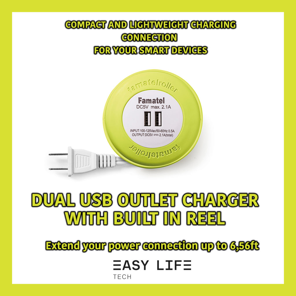 Portable dual USB charger with built-in reel