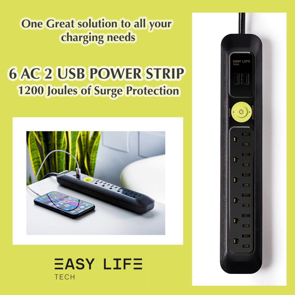 Power Strip 6AC 2USB 1200 Joules Surge Protection Charging