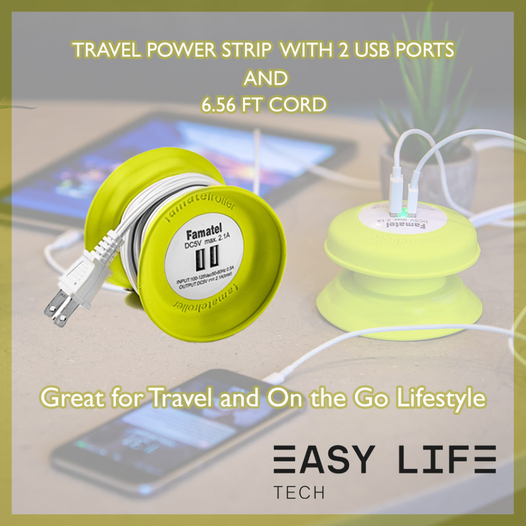 TRAVEL POWER STRIP WITH 2 USB PORTS AND 6.56 FT CORD
