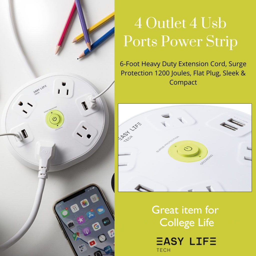 Easylife Tech Power Strip with 4 AC Outlets and 4 USB Ports – Compact Surge Protector with Overload Protection for Home, Office, and Travel Charging