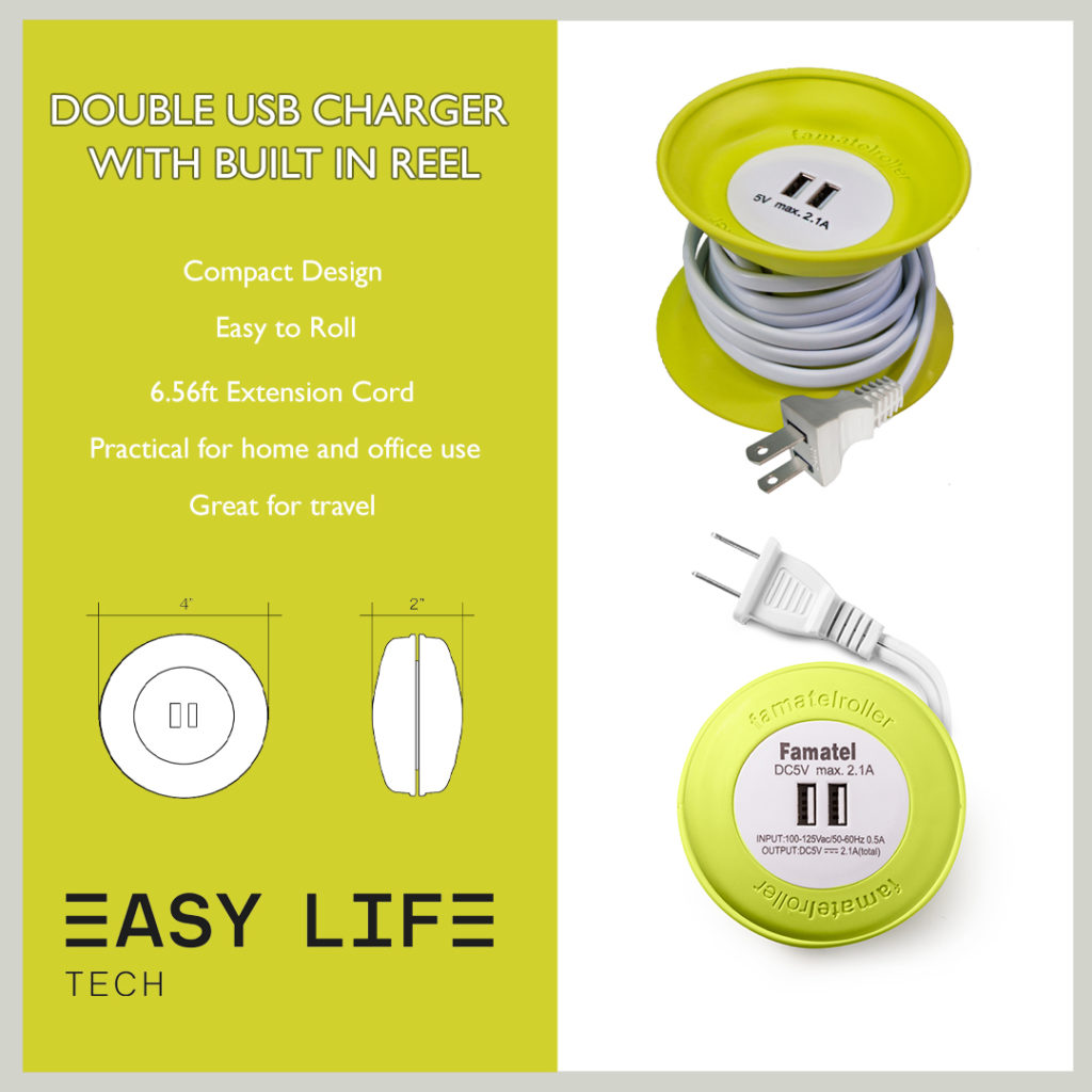Double USB Charger with Built-in Reel