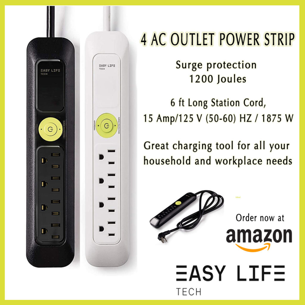 Easylife Tech 4-Outlet Power Strip – Compact Surge Protector with 2 USB Ports, Flat Plug, and Overload Protection for Home, Office, and Travel Use