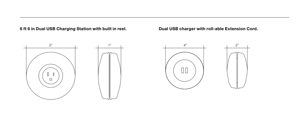 Round chargers and extension cords with built-in reel