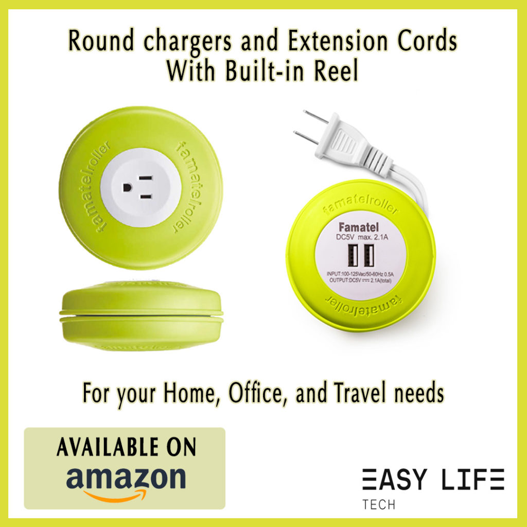 Round chargers and extension cords with built-in reel 