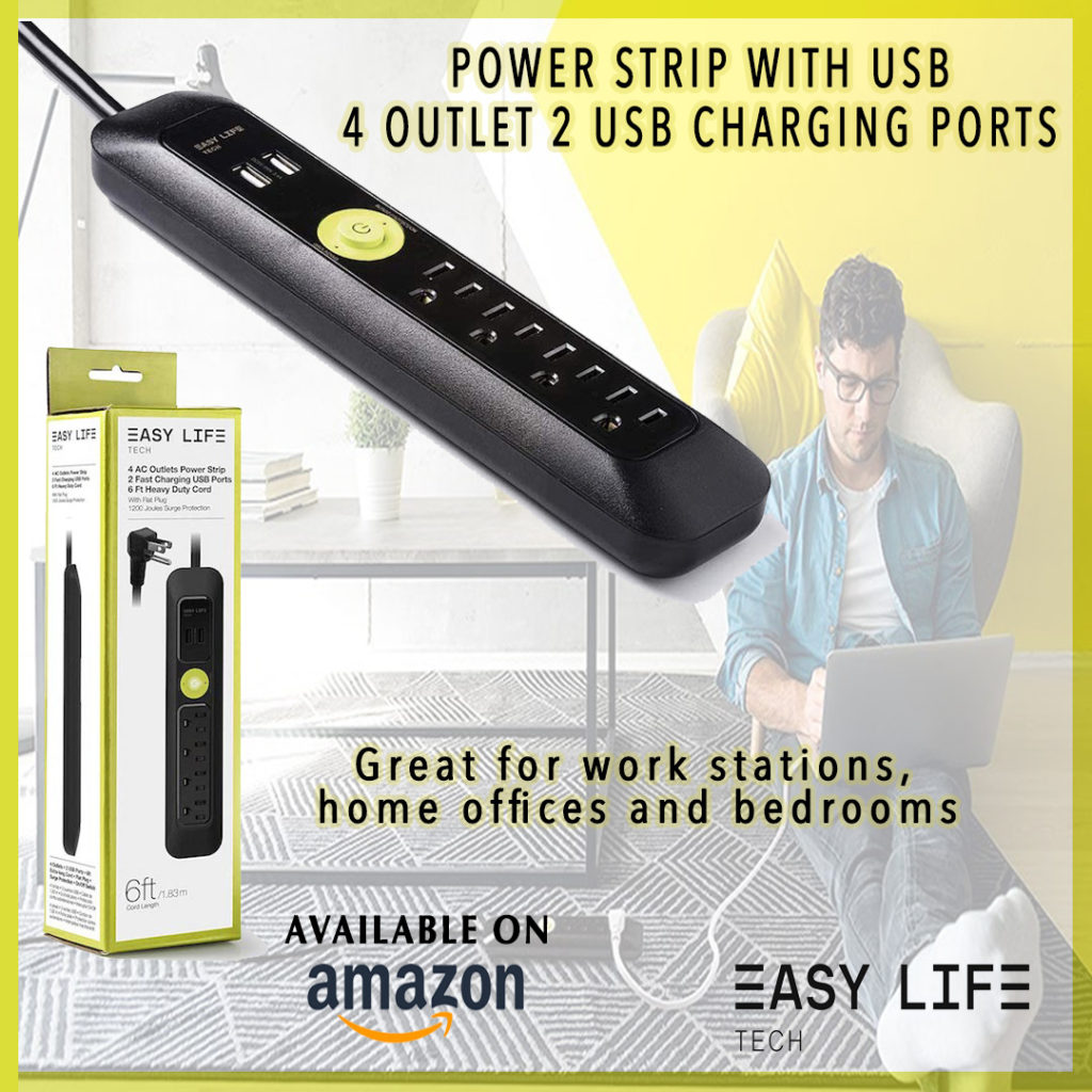 Easylife Tech Power Strip with 4 AC Outlets and 2 USB Ports – Compact Surge Protector for Desktop, Nightstand, and Travel Charging