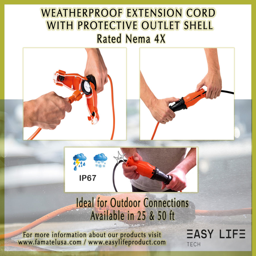 Weatherproof extension cord with protective outlet shell for your electrical connections