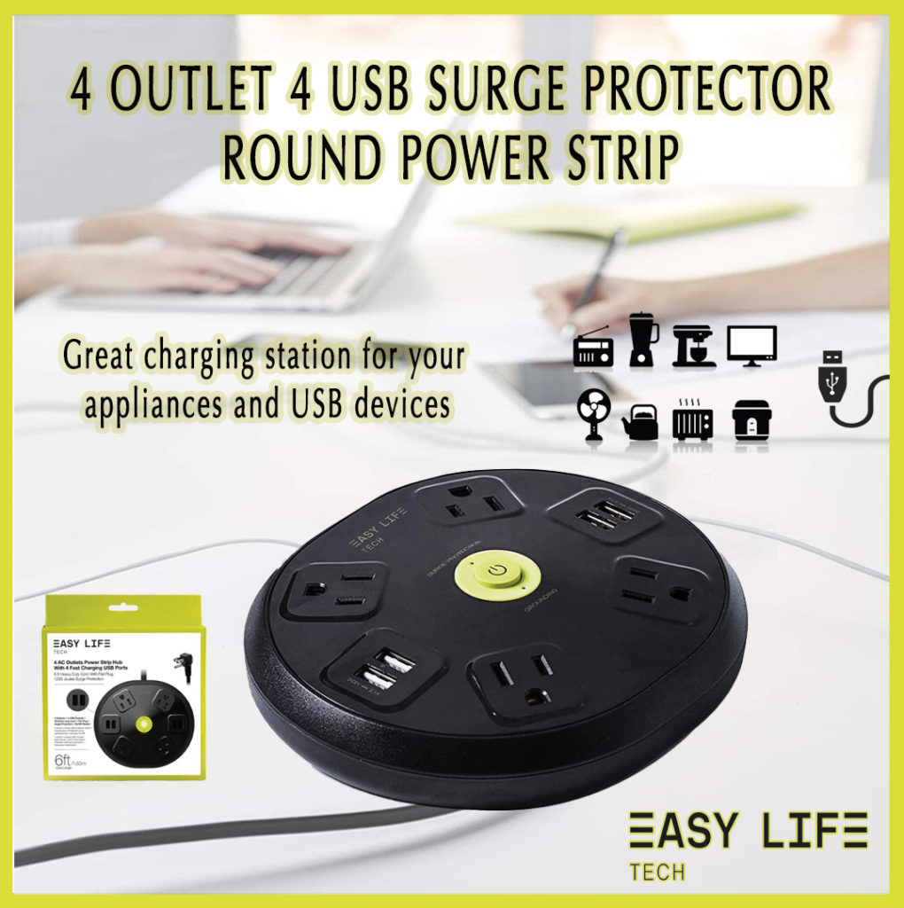 4 AC outlets power strip, 4 USB ports power strip, round power strip, surge protector, 1200 joules surge protection, 6 ft extension cord, flat plug power strip, compact power strip, home office power strip, Easylife Tech power strip