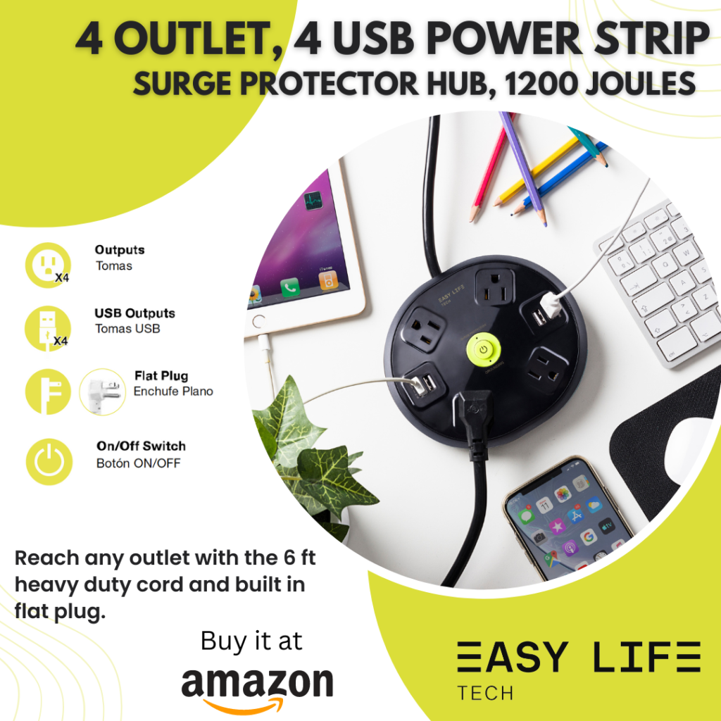 4 AC outlet power strip, 4 USB ports power strip, Easylife Tech charging station, multi-device power strip, USB charging power strip, desktop power strip with USB, surge protector power strip, home office charging station, 4 outlet power strip, fast charging power strip