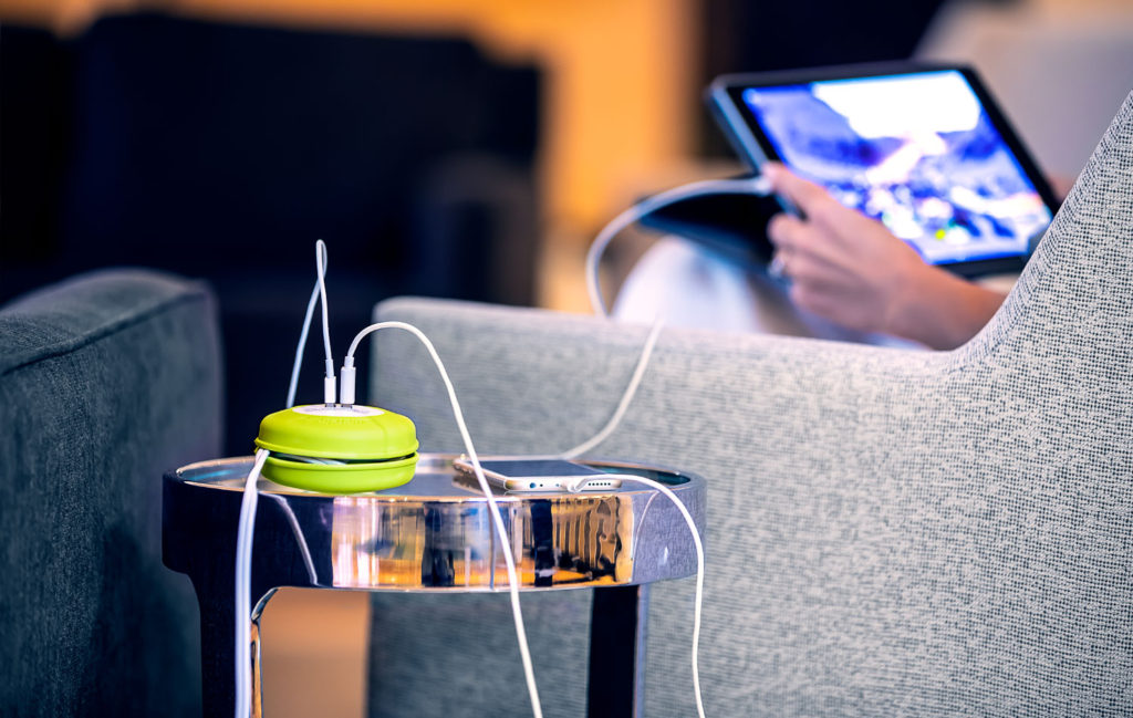 Portable dual USB charger with built-in reel