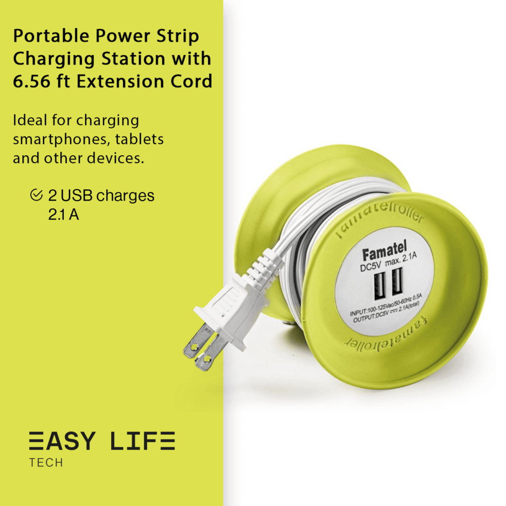 Portable Power Strip Charging Station 2 USB, 6.56 ft extension cord