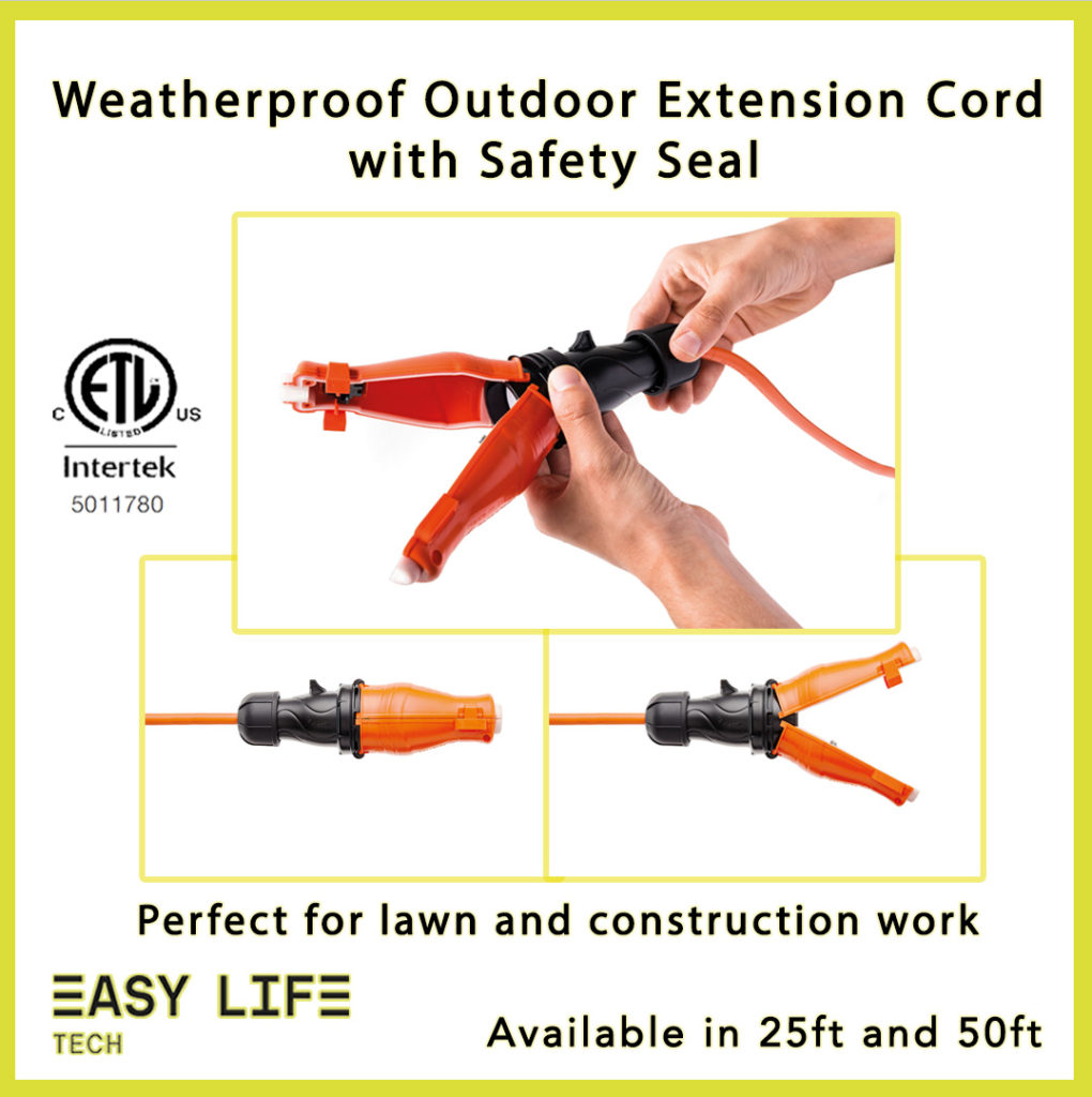 Weatherproof outdoor extension cord with safety seal