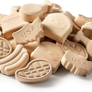 Easylife Tech ceramic briquettes – top view of mixed novelty shapes including steak, sausage, hotdog, drumstick, and USA map, lava rock replacements for BBQ grills