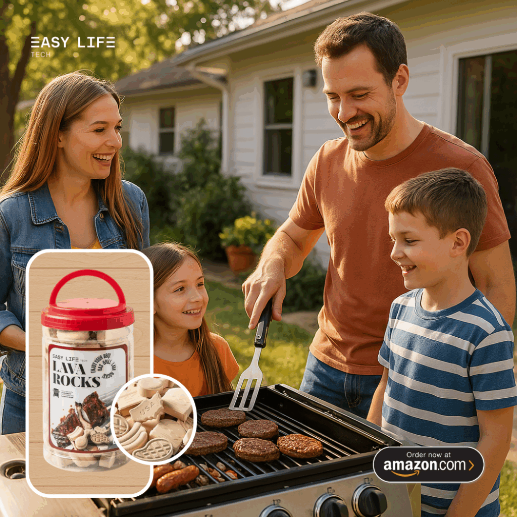 Easylife Tech BBQ family cookout scene – ceramic briquettes replacing lava rocks, grilling with even heat, outdoor lifestyle, Amazon product branding