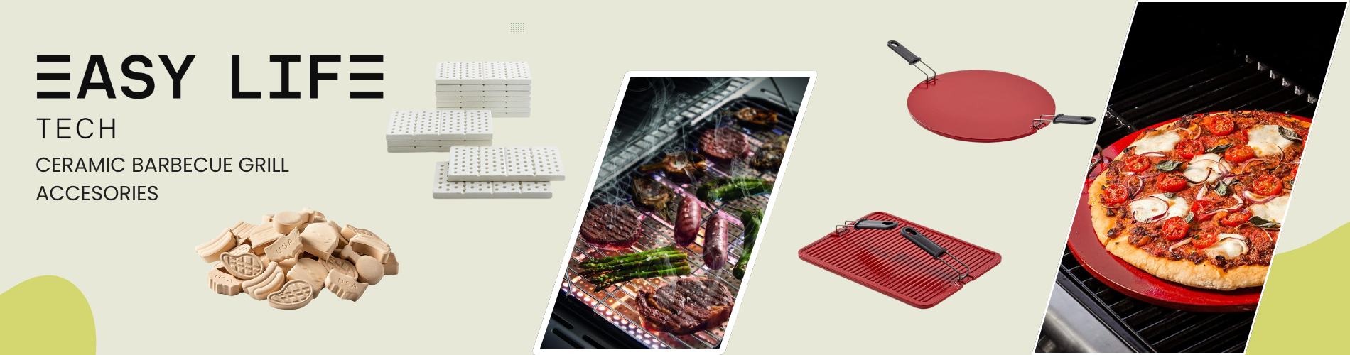 Easylife Tech ceramic BBQ accessories banner – grill tiles, pizza pan, barbecue tools, lava rock replacement, outdoor grilling essentials