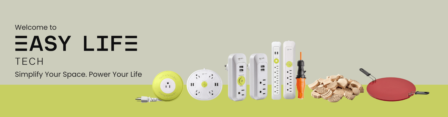 Easylife Tech full product line banner – power strips, grill accessories, cable management, travel extension cords, plug and power essentials for home and outdoors