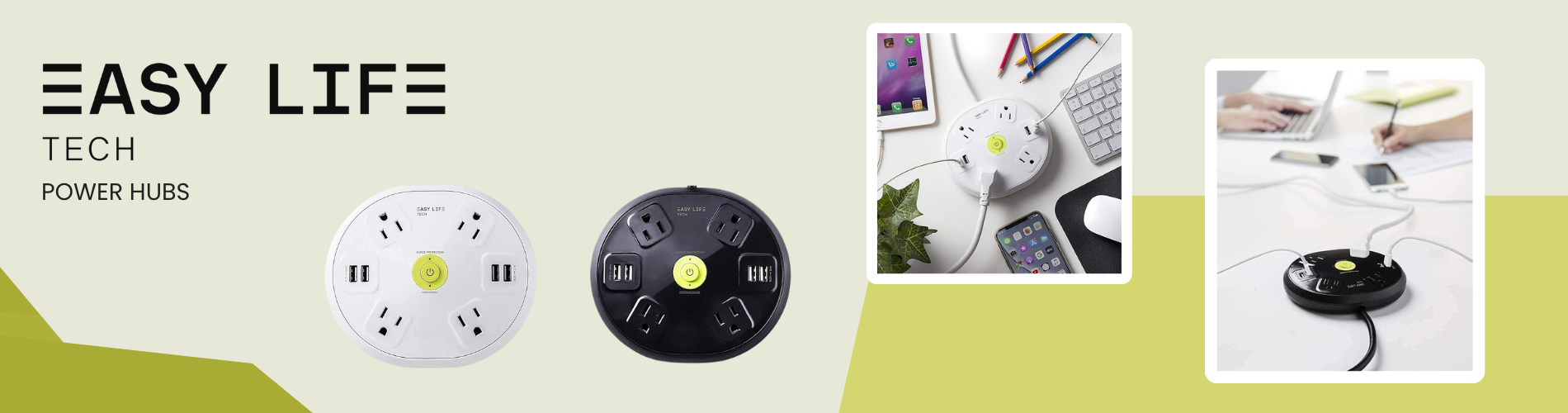 Easylife Tech power hubs banner – white and black USB charging stations with surge protection, plug and power devices for home and office use