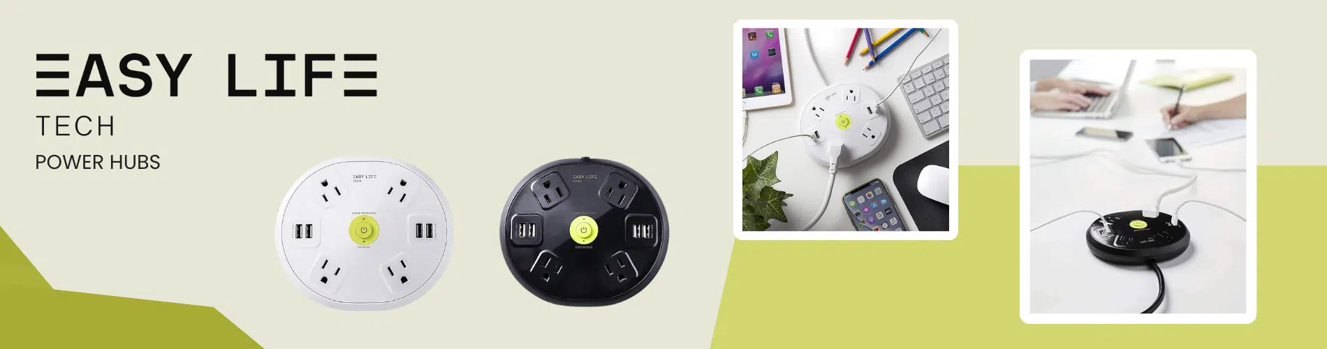 Easylife Tech power hubs banner – white and black USB charging stations with surge protection, plug and power devices for home and office use