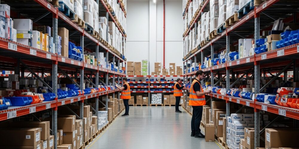 Warehouse workers organizing inventory – Easylife Tech supply chain team, warehouse storage, product logistics, efficient inventory management