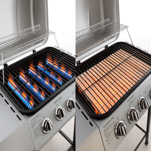 EasyLife Tech ceramic briquettes installed under grill grates — upgrade your gas grill for even heat distribution and better BBQ flavor.