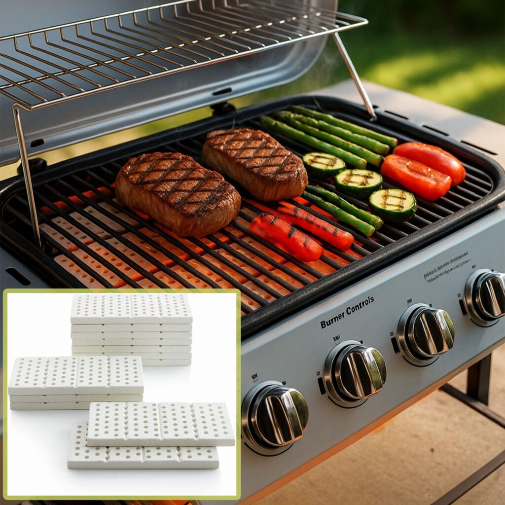 EasyLife Tech ceramic briquettes placed below grill rods — ensure uniform heat, reduce flare-ups, and deliver perfectly cooked BBQ.