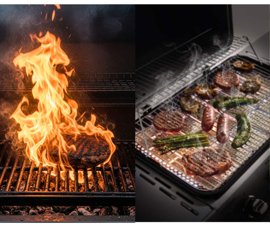 Side-by-side comparison of traditional grill flare-ups versus grilling with ceramic briquettes installed under the grates