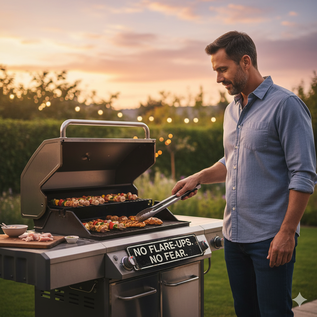 Happy family grilling together using EasyLife Tech ceramic briquettes — creating lasting BBQ memories with safe and even heat cooking.