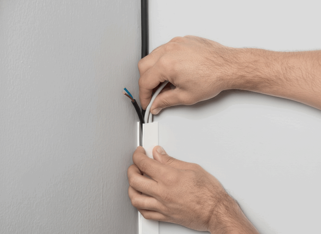 Close-up of EasyLife Tech cable trunking organizing computer cables under desk — clean, clutter-free workspace setup.