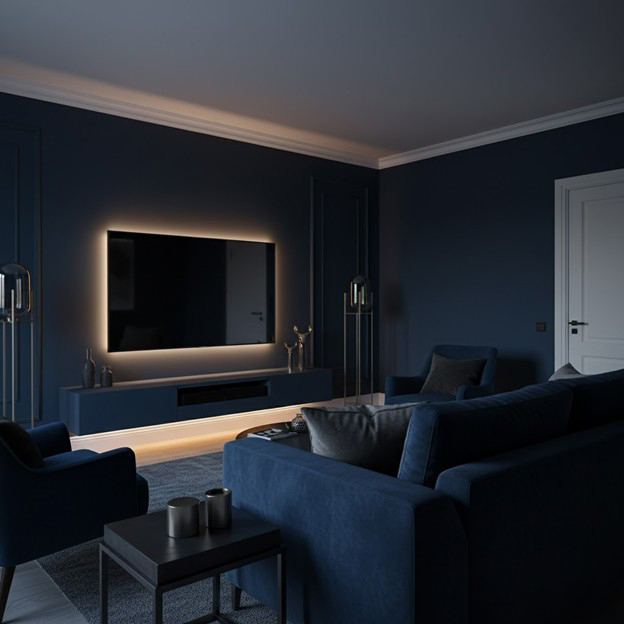 Deep navy blue modern living room with high-contrast color palette, LED-lit TV wall, minimalist décor, dark interior design trend 2025, stylish media setup compatible with EasyLife Tech paintable cable trunking and cable management solutions
