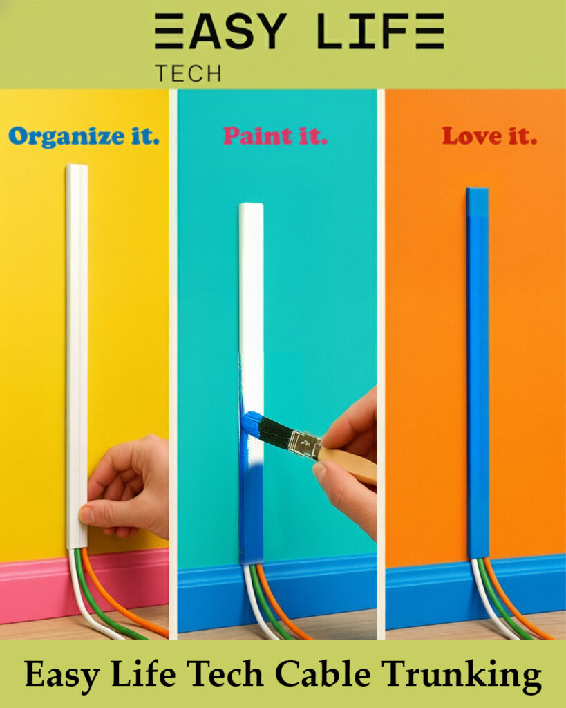 EasyLife Tech paintable cable trunking showing organize it, paint it, love it process with bright color backgrounds, color-matching cord cover, home décor cable management solution