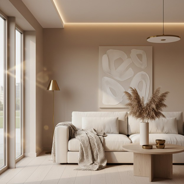 Neutral living room with soft beige color palette, modern minimalist interior design, warm natural lighting, décor inspiration compatible with EasyLife Tech paintable cable trunking