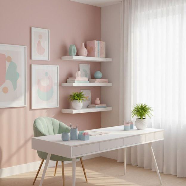 Modern pastel home office with soft pink walls and mint green accents, bright natural light, minimalist workspace décor, 2025 pastel color palette inspiration compatible with EasyLife Tech paintable cable trunking and cable management solutions