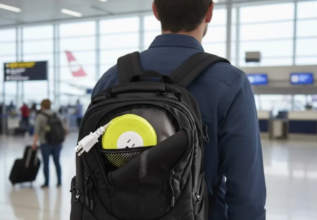 Traveler walking through airport with EasyLife Tech portable travel extension cord in backpack — compact 6ft charging solution for flights, hotels, and co-working spaces.