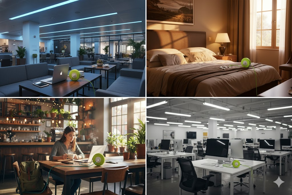 EasyLife Tech portable travel extension cord shown in multiple locations — café workspace, hotel room, co-working lounge, and modern office — providing a flexible 6ft charging solution for laptops, phones, and travel devices.