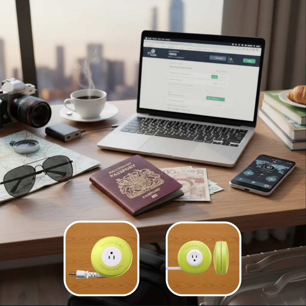EasyLife Tech portable travel extension cord on a desk with passport, laptop, map, phone, and travel essentials — compact 6ft cord for travelers, digital nomads, and remote workers needing reliable charging anywhere.