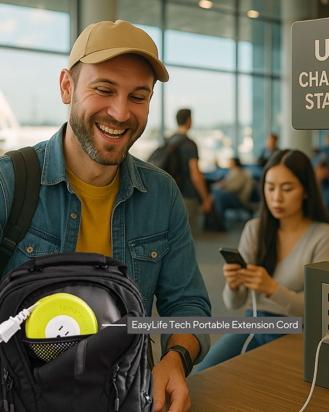 EasyLife Tech portable extension cord for travel shown with carry-on backpack and airport charging setup