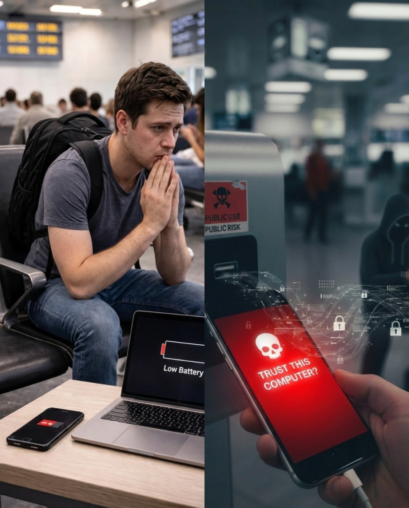 Low battery laptop and phone on airport table showing common travel charging problem