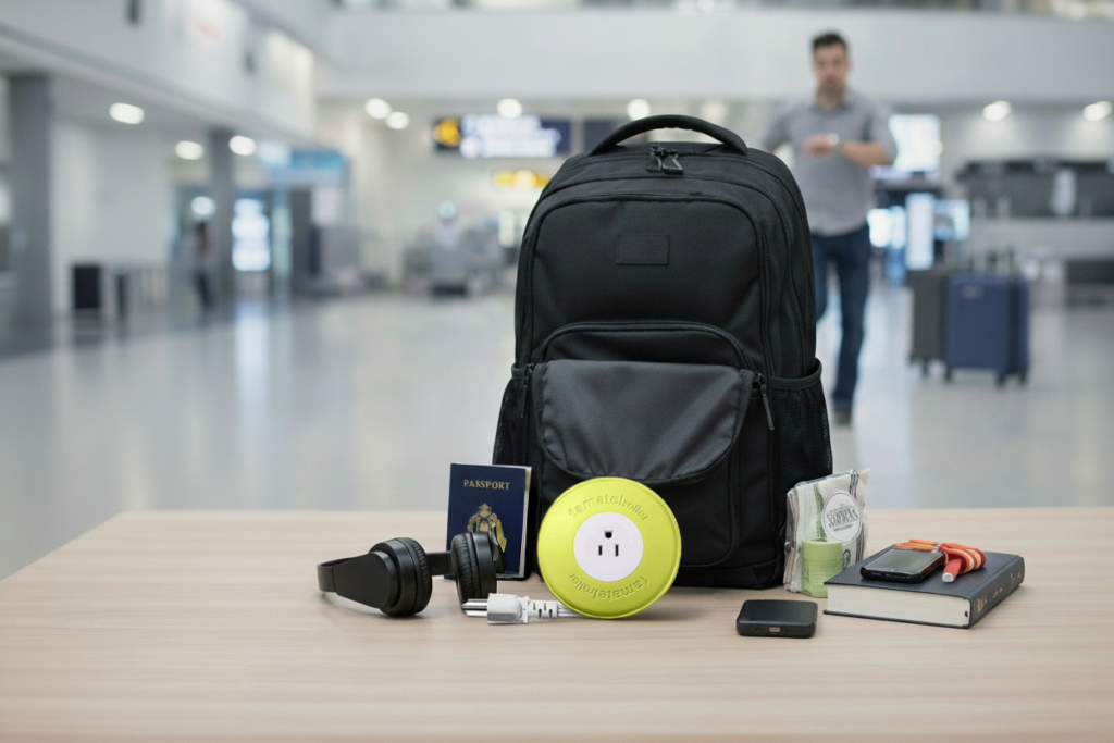 Portable extension cord for travel neatly packed in backpack with passport and charging accessories at airport, EasyLife Tech travel power solution