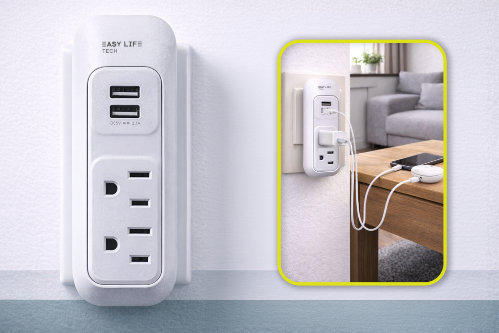 Dual USB & AC outlet extender mounted on wall with 2 USB ports and 2 AC outlets – compact EasyLife Tech multi-device charging hub