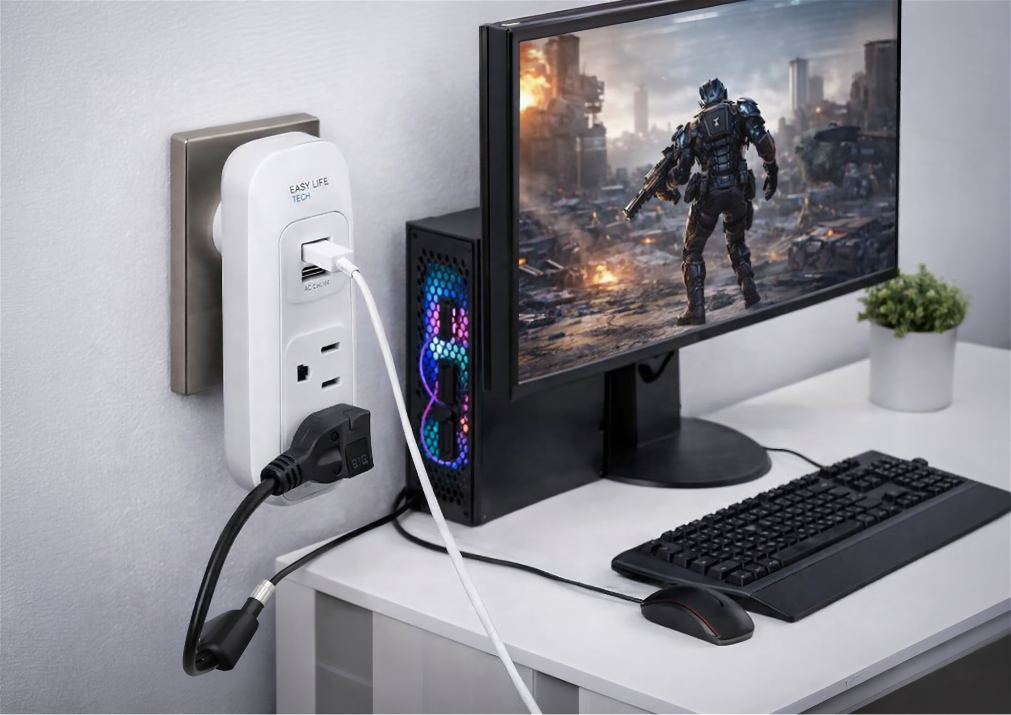 USB wall outlet extender charging laptop and devices on desk – EasyLife Tech dual USB and AC power solution for home office