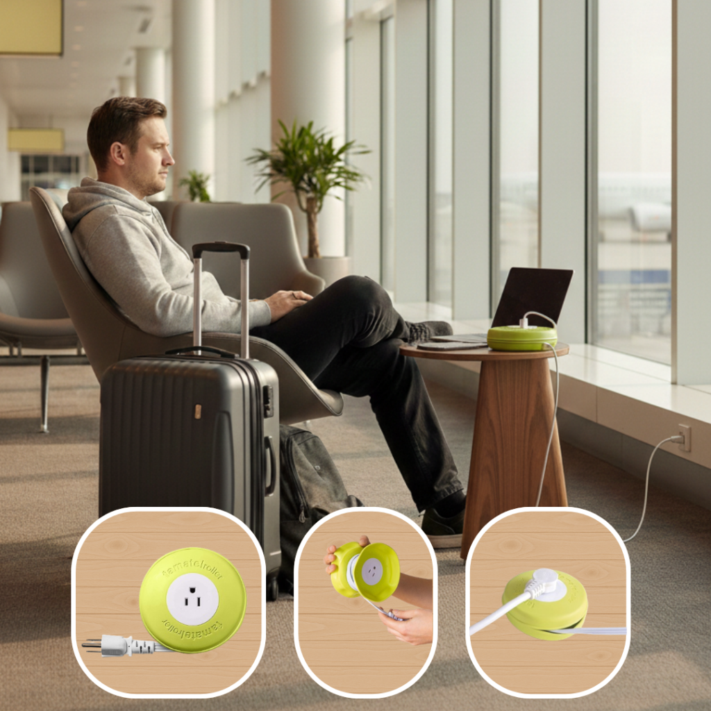 Portable extension cord for travel, home and office setup powering laptop and monitor on modern desk – compact EasyLife Tech travel power solution