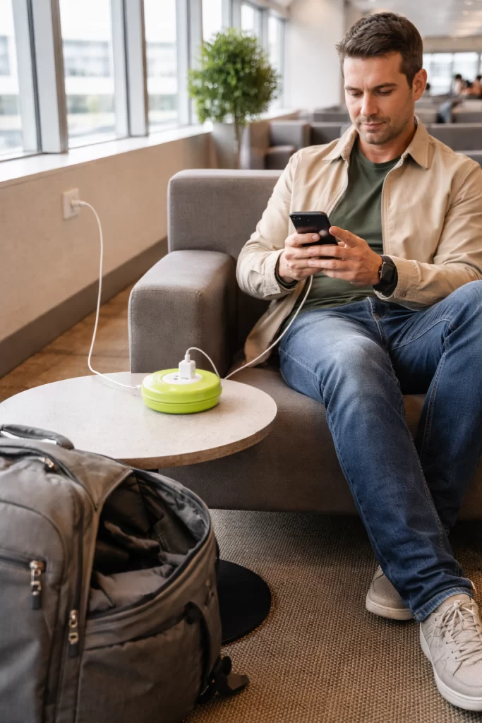 Portable extension cord for travel used in airport lounge charging laptop and phone – compact EasyLife Tech 6ft power solution