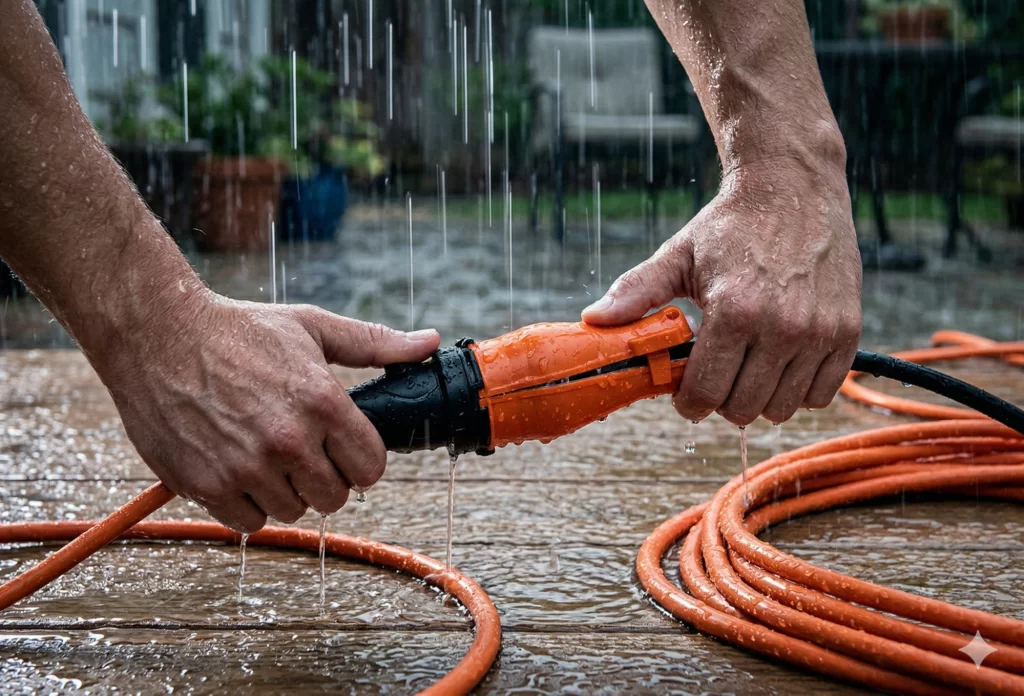 Weatherproof outdoor extension cord with safety cover protecting plug connection in heavy rain for safe outdoor power use