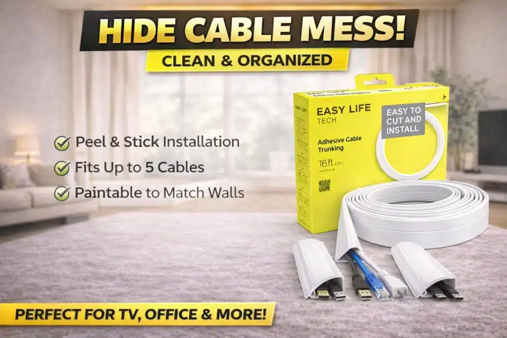 EasyLife Tech adhesive cable raceway trunking for hiding cable mess, peel and stick installation, paintable cord cover for TV and office cable management