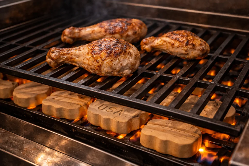 Ceramic grill briquettes under gas grill grates cooking chicken with even heat distribution and reduced flare-ups