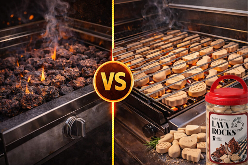 Ceramic grill briquettes vs lava rocks comparison in gas grill showing even heat distribution and reduced flare-ups