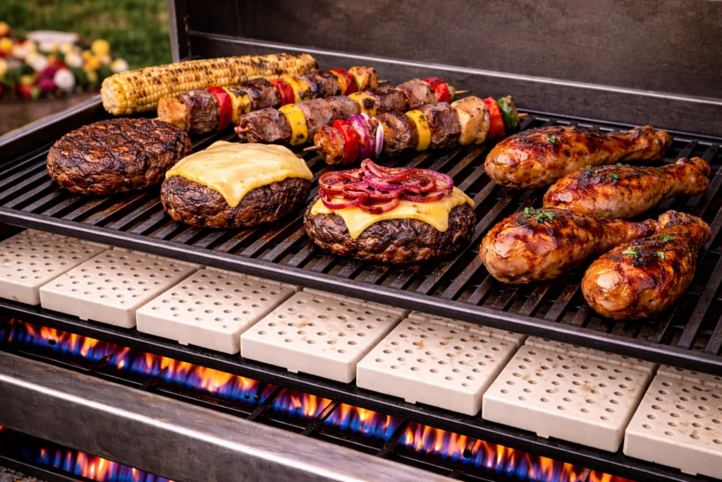 Premium ceramic grill tiles for gas grill upgrade reducing flare-ups improving heat distribution and enhancing BBQ cooking performance