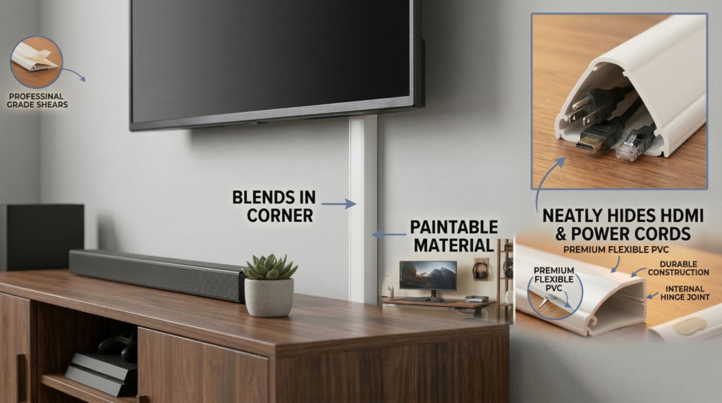 EasyLife Tech painted cable raceway blending into living room wall, cord cover hiding HDMI and power cables behind TV for clean cable management