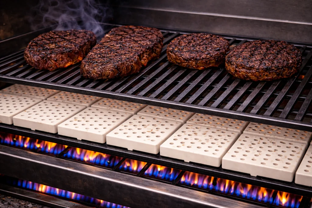 Ceramic grill tiles creating even heat across gas grill burners for radiant heat cooking and consistent BBQ results